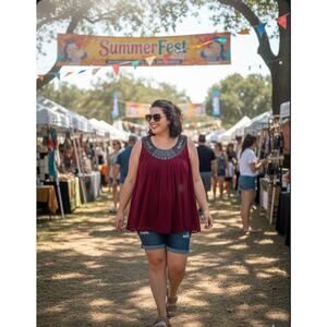 Denim 24/7 Women’s Tunic‎ Beaded Pullover Flowy Sleeveless Maroon Top 22W